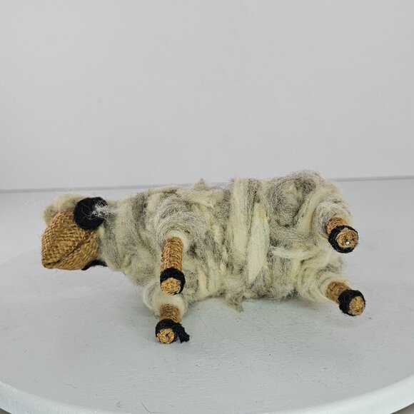 Handcrafted Wool Yarn Burlap Felt Sheep Figurine Folk Art - Picture 8 of 9